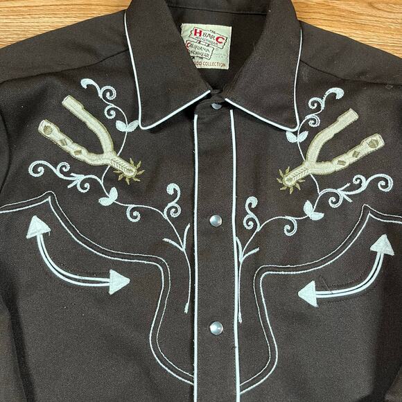 Vintage H Bar C Embroidered Pearl Snap Western Brown Ranch Wear Spurs Mens Sz M - Picture 2 of 5